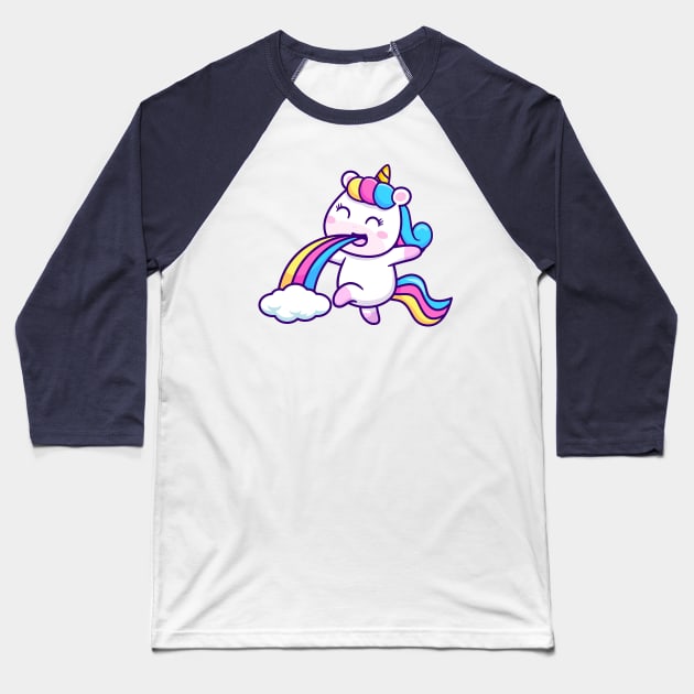 Cute Unicorn Puging Rainbow Cartoon Baseball T-Shirt by Catalyst Labs